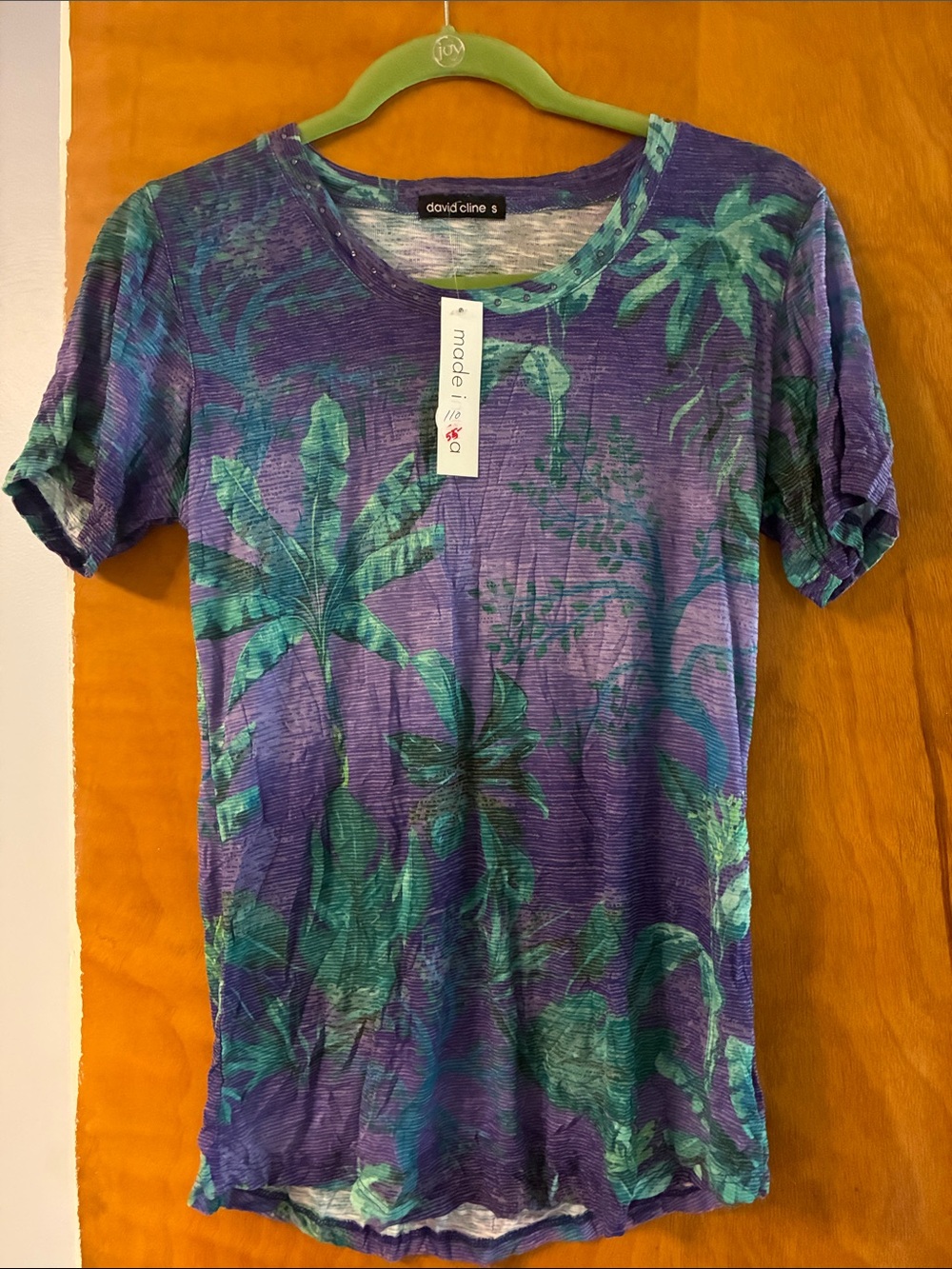 David Cline Purple Tee with Green Palm Print